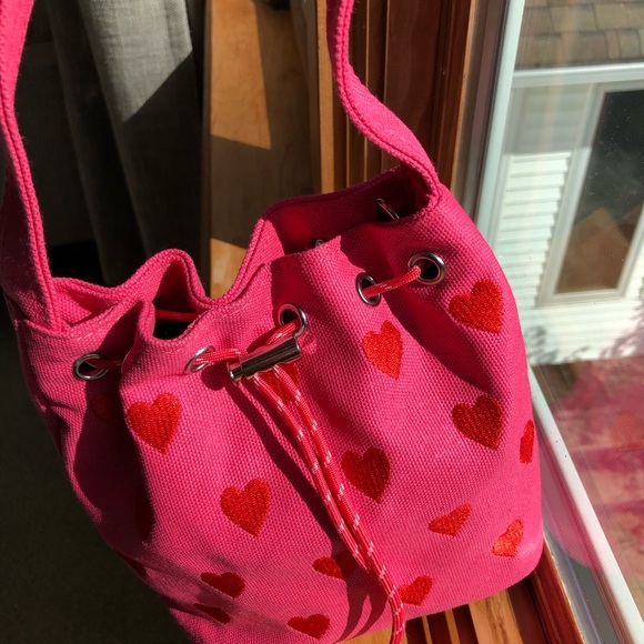 Kawaii Sweet Pink Heart Sharped Small Canvas Bucket Bag - Picture 4 of 9